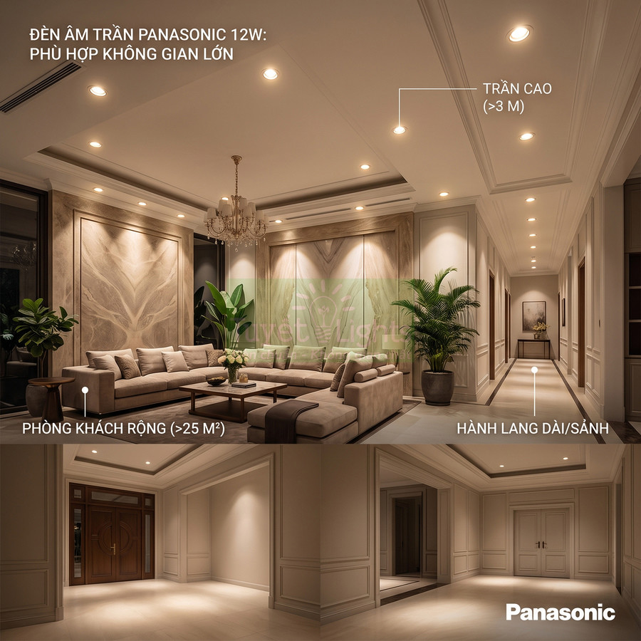 Đèn âm trần Panasonic 12W chiếu sáng phòng khách rộng và hành lang dài trần cao sang trọng
