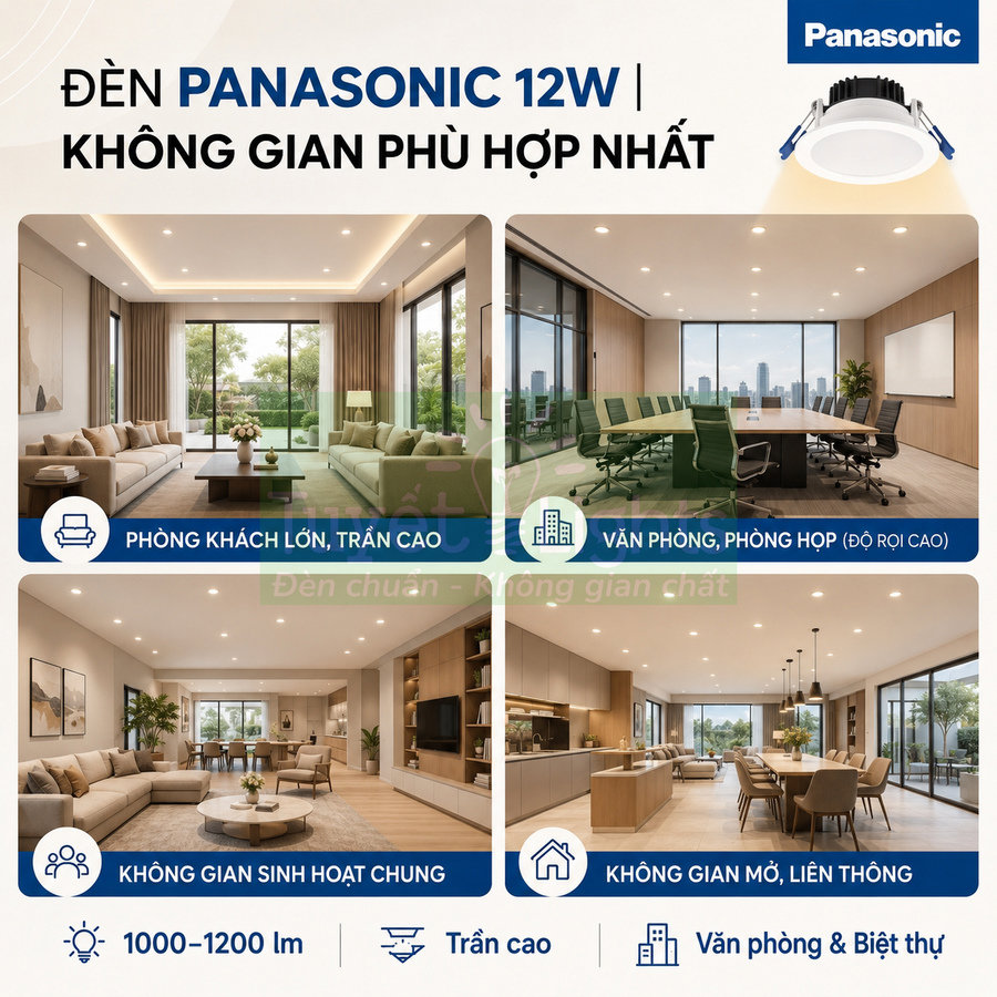 Đèn LED âm trần Panasonic 12W chiếu sáng phòng khách, văn phòng, không gian sinh hoạt chung và bếp liên thông