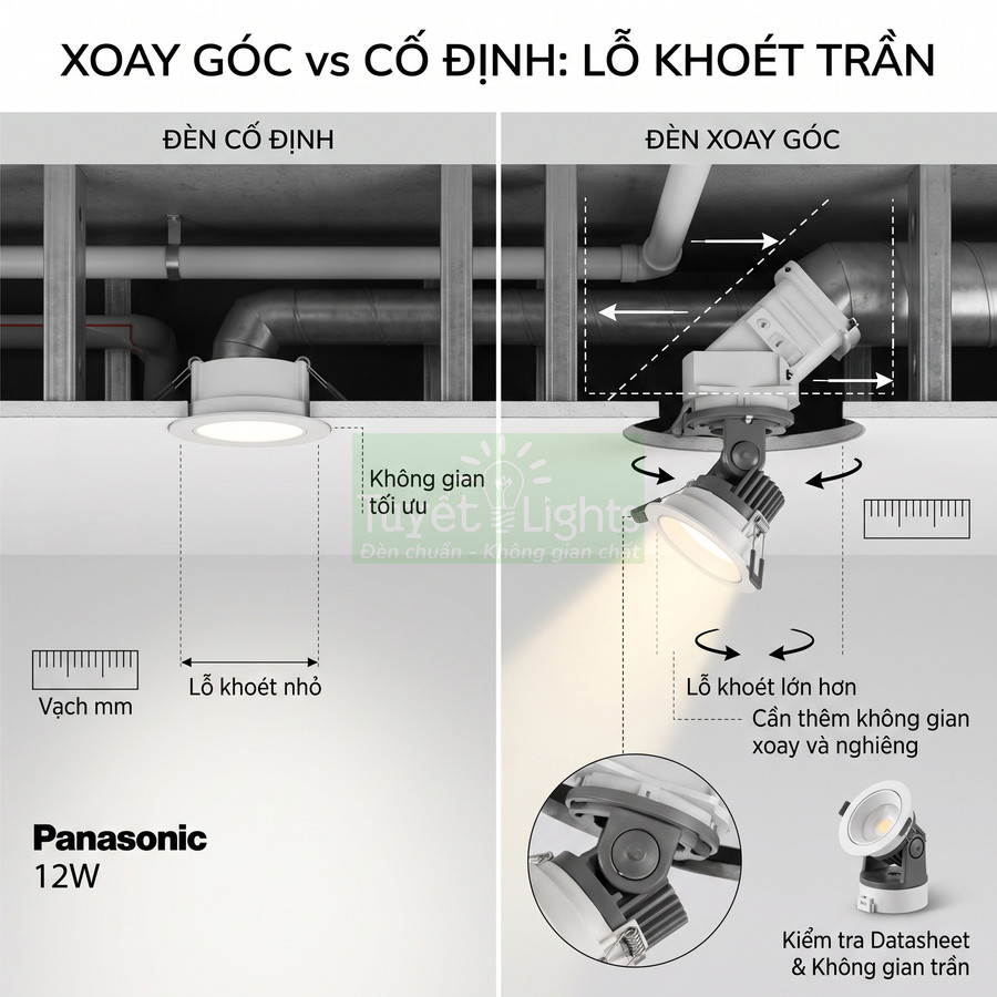 So sánh đèn âm trần Panasonic 12W cố định và xoay góc, minh họa kích thước lỗ khoét trần và không gian lắp đặt