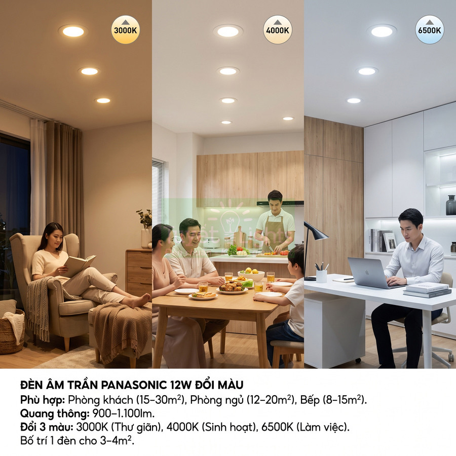 Đèn âm trần Panasonic đổi màu 12W phù hợp không gian nào?