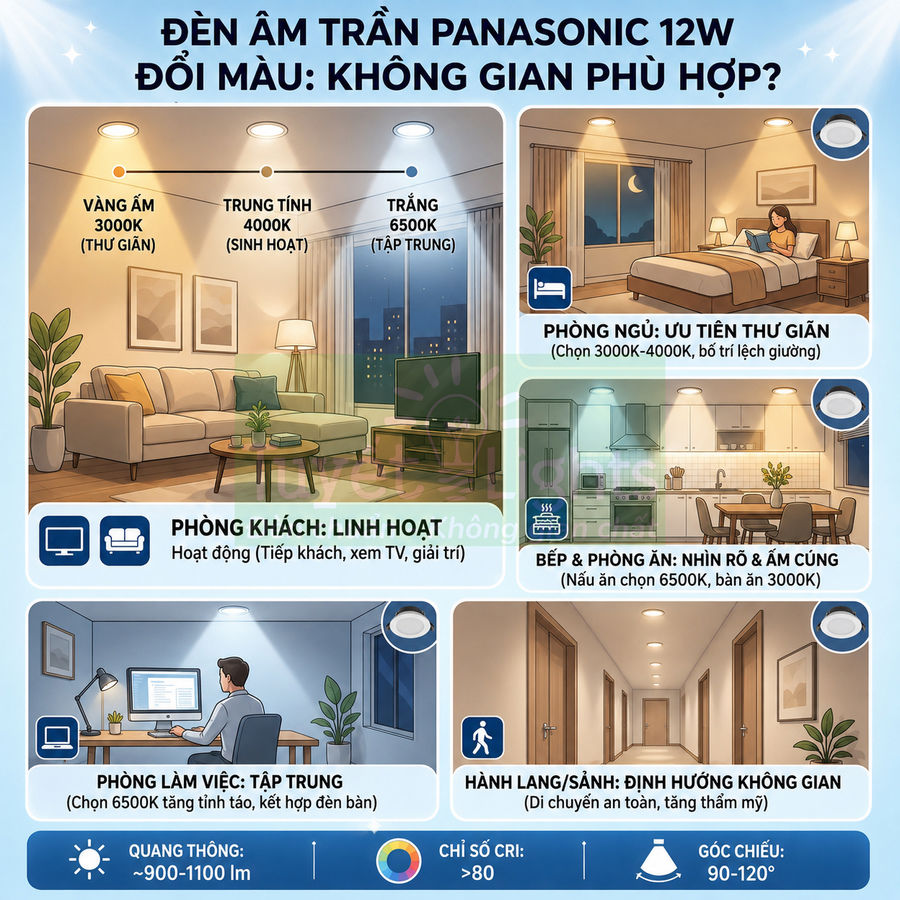 Đèn âm trần Panasonic 12W đổi màu cho phòng khách, phòng ngủ, bếp, phòng làm việc và hành lang