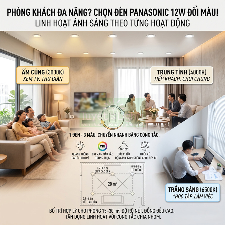Đèn âm trần Panasonic 12W đổi màu chiếu sáng phòng khách và góc làm việc gia đình