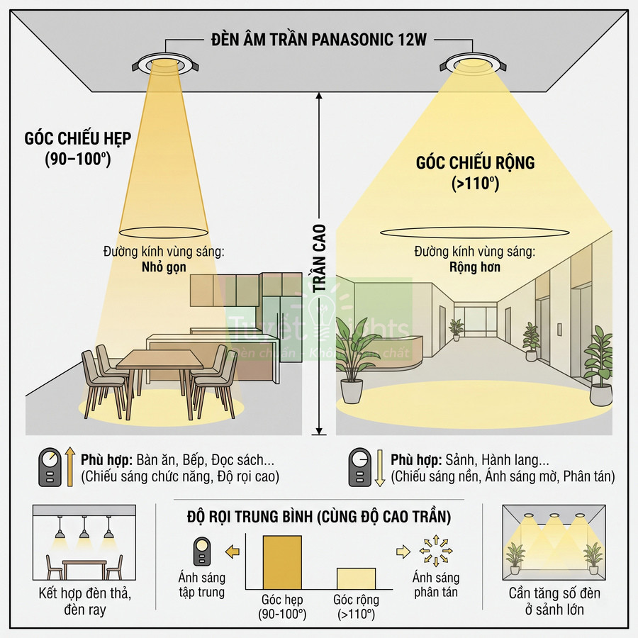 So sánh góc chiếu hẹp và rộng của đèn âm trần Panasonic 12W cho phòng ăn và hành lang