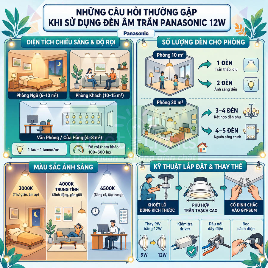 Infographic hướng dẫn sử dụng và lắp đặt đèn âm trần Panasonic 12W cho các loại phòng và màu sắc ánh sáng