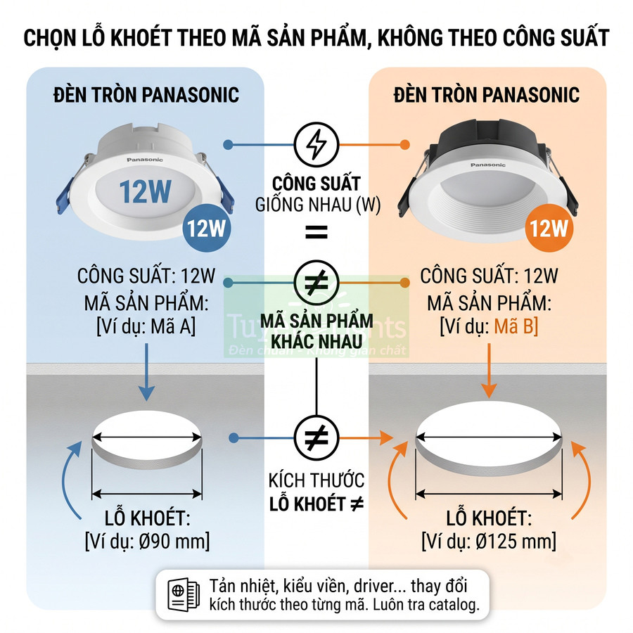 So sánh hai mẫu đèn downlight tròn Panasonic 12W với kích thước lỗ khoét khác nhau