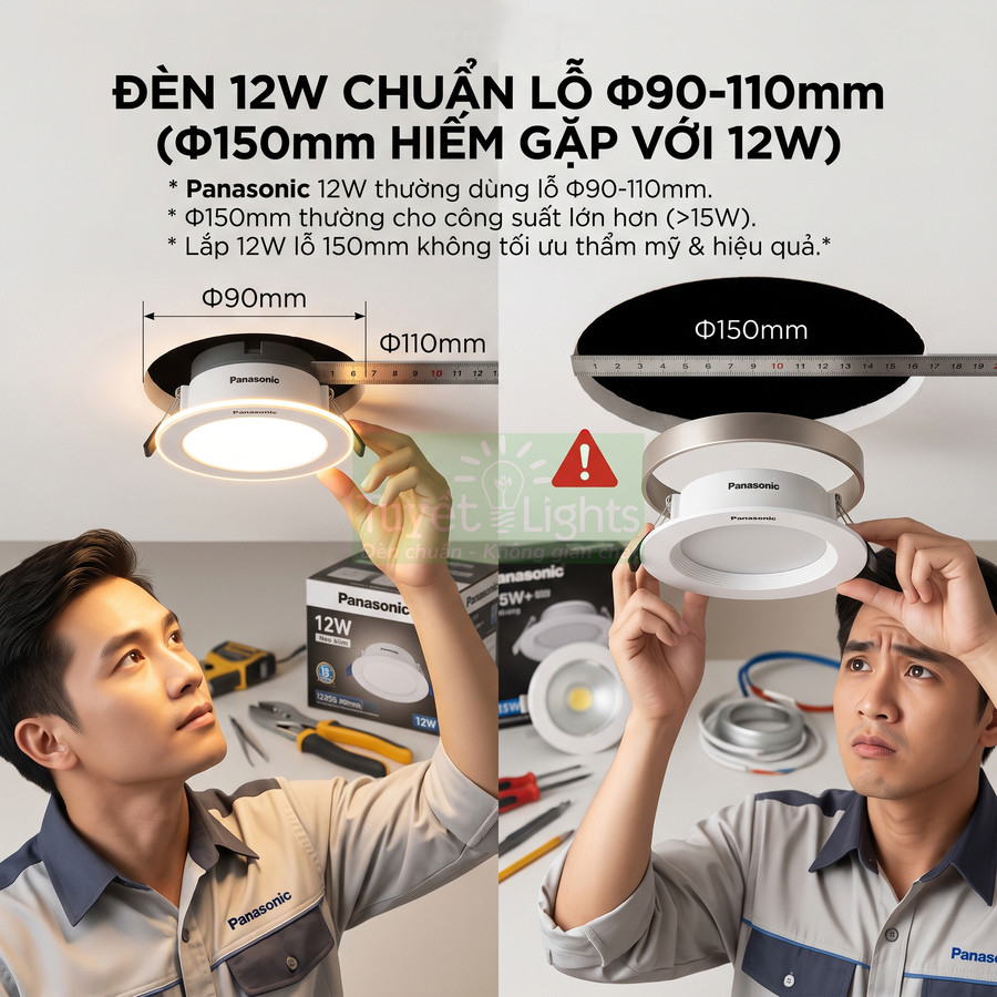 Thợ điện lắp đèn âm trần Panasonic 12W chuẩn lỗ 90 110mm với hộp sản phẩm và dụng cụ thi công