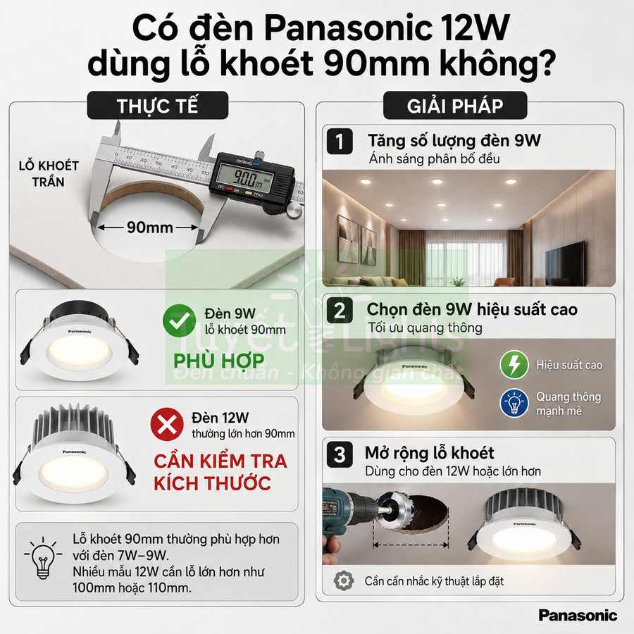Đèn âm trần Panasonic 9W và 12W, hướng dẫn chọn đèn phù hợp lỗ khoét trần 90mm