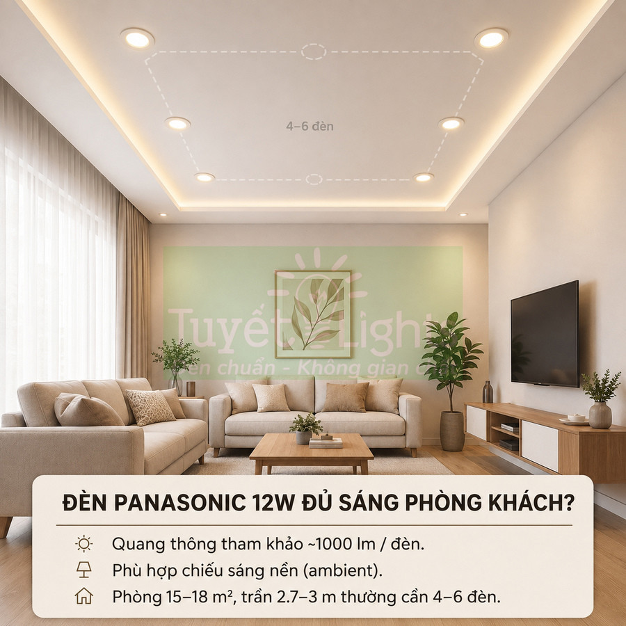 Đèn âm trần Panasonic 12W chiếu sáng phòng khách hiện đại với sofa, tivi và nội thất gỗ sáng màu