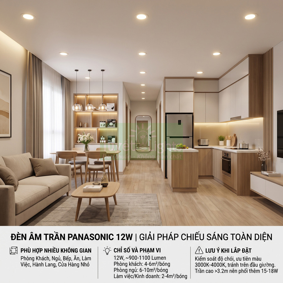 Đèn âm trần Panasonic 12W phù hợp với không gian nào?