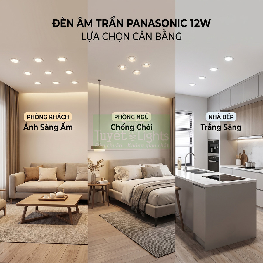 Đèn âm trần Panasonic 12W chiếu sáng phòng khách, phòng ngủ và nhà bếp với ánh sáng ấm và trắng sáng