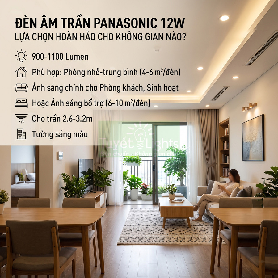 Đèn âm trần Panasonic 12W chiếu sáng phòng khách hiện đại với nội thất gỗ và nhiều cây xanh
