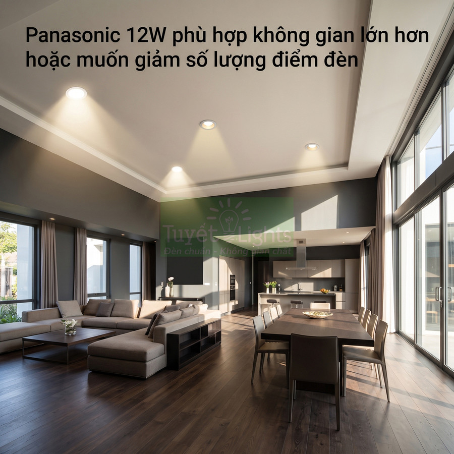 Đèn downlight Panasonic 12W chiếu sáng phòng khách liền bếp rộng với nội thất hiện đại