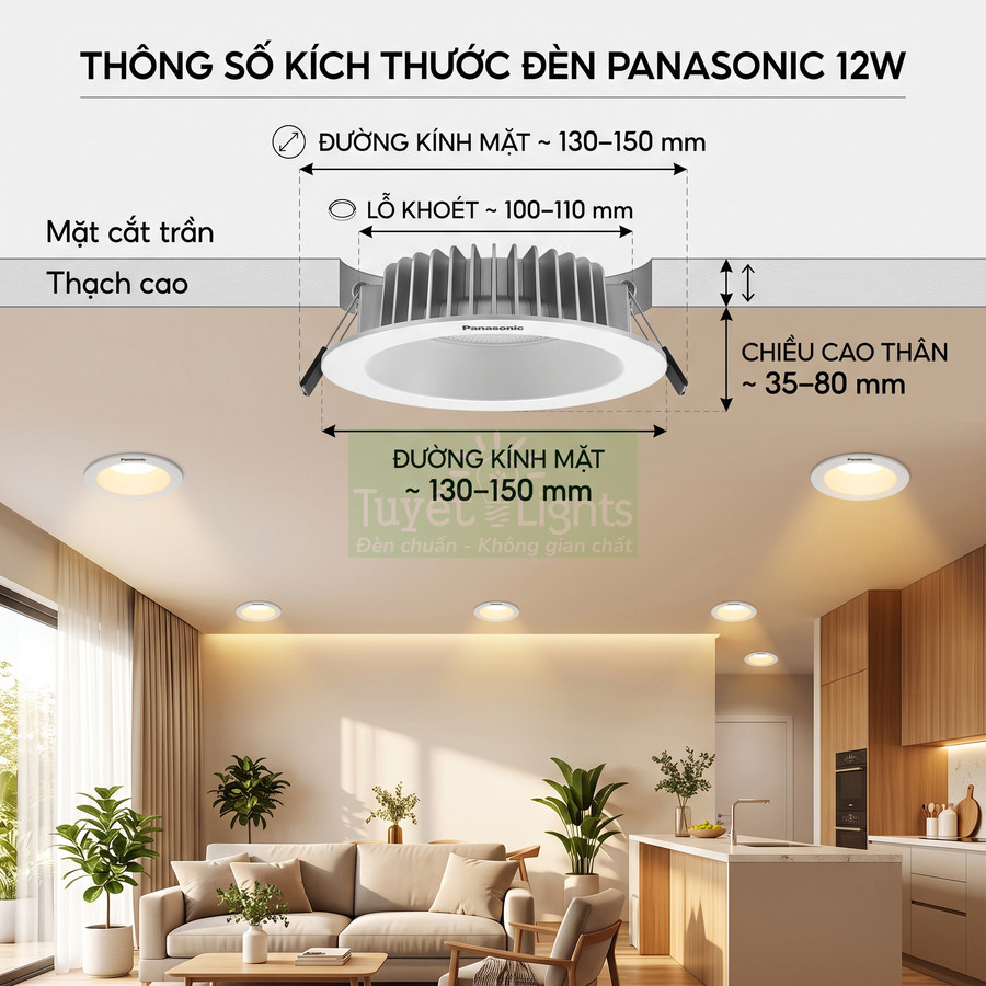 Đèn downlight âm trần Panasonic 12W màu trắng lắp trần thạch cao trong phòng khách hiện đại