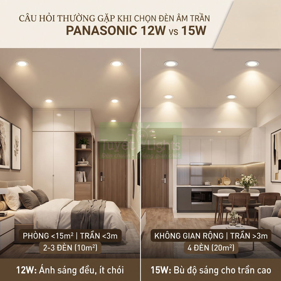 So sánh đèn âm trần Panasonic 12W và 15W lắp cho phòng ngủ nhỏ và không gian bếp khách rộng