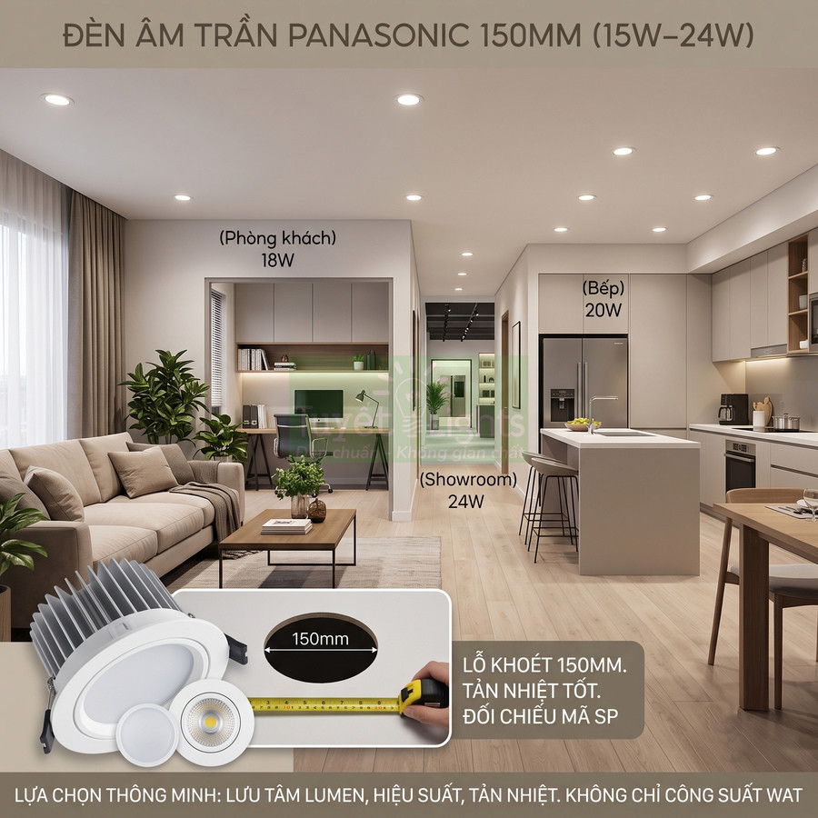 Đèn âm trần Panasonic lỗ khoét 150mm phù hợp công suất nào?