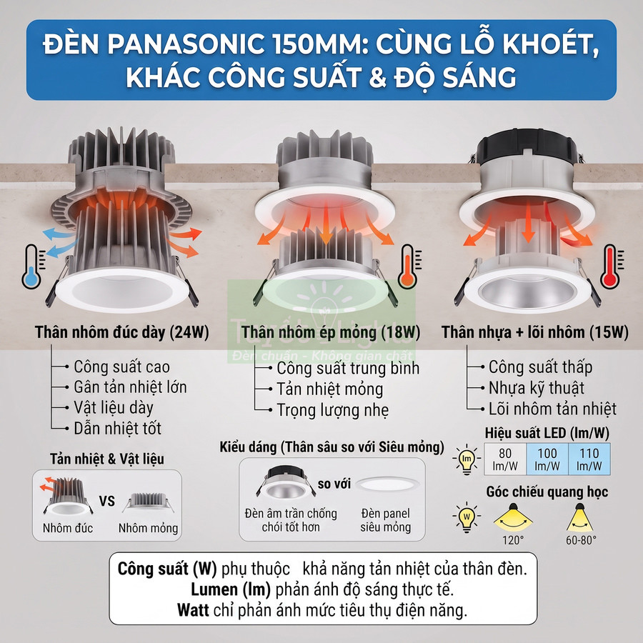 So sánh các loại đèn âm trần Panasonic 150mm với thân nhôm đúc, nhôm ép mỏng và thân nhựa lõi nhôm