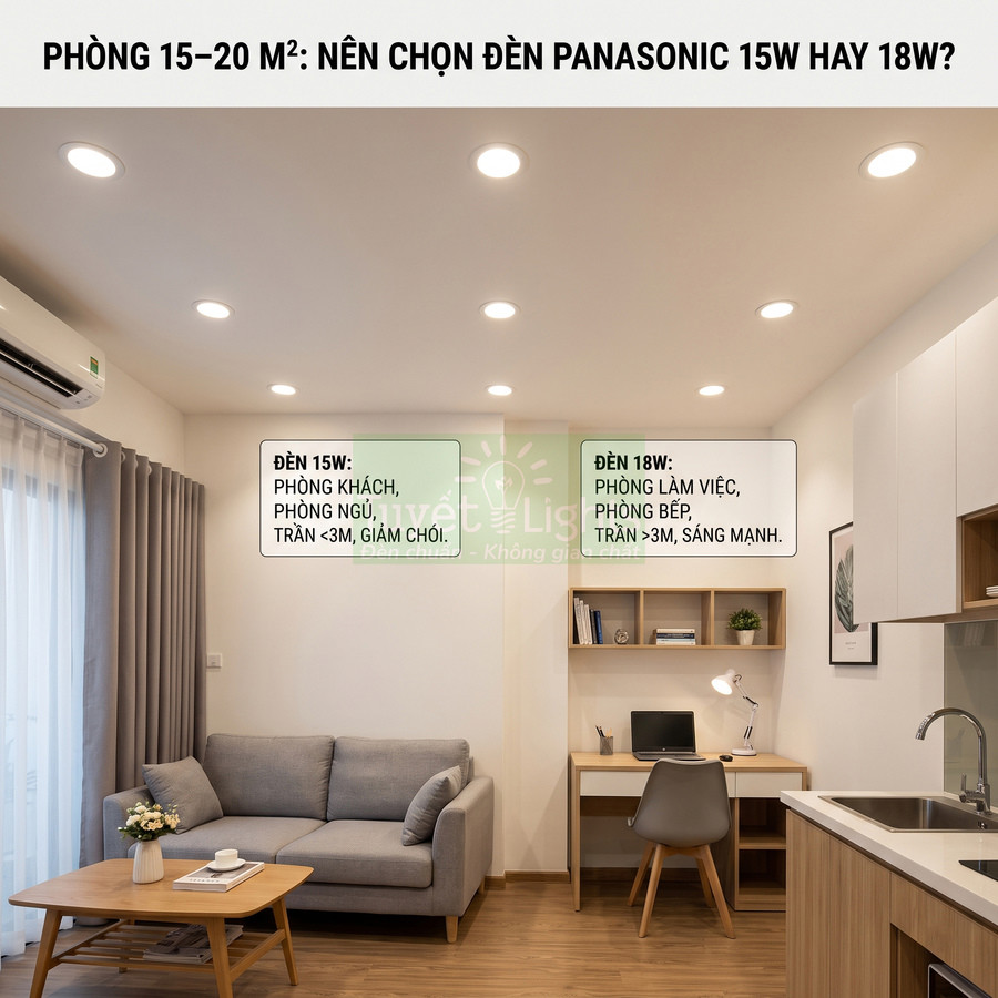 Phòng khách và làm việc dùng đèn âm trần Panasonic 15W và 18W cho diện tích 15 đến 20 mét vuông