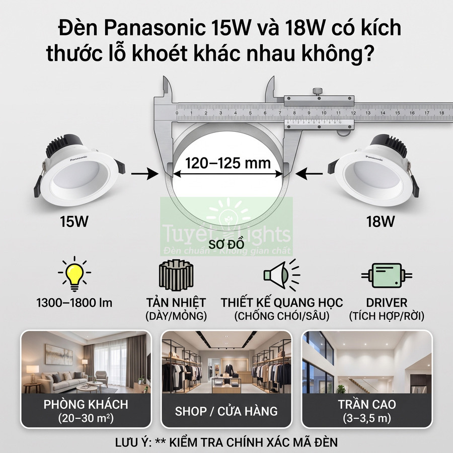 Đèn downlight Panasonic 15W và 18W, đường kính lỗ khoét 120 125 mm, dùng cho phòng khách shop trần cao