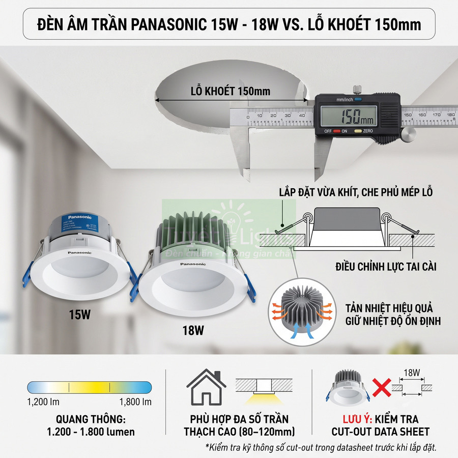 Đèn âm trần Panasonic 15W 18W lỗ khoét 150mm, tản nhiệt tốt, phù hợp trần thạch cao