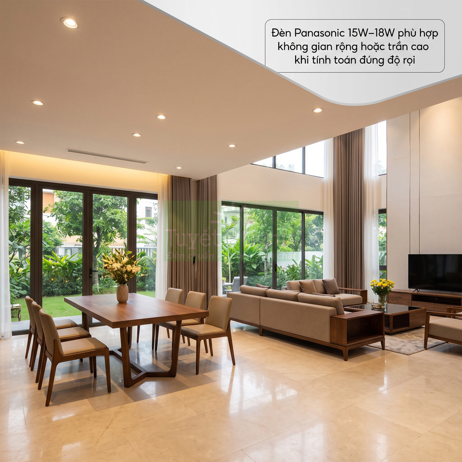 Đèn âm trần Panasonic 15W 18W chiếu sáng phòng khách và phòng ăn trần cao hiện đại