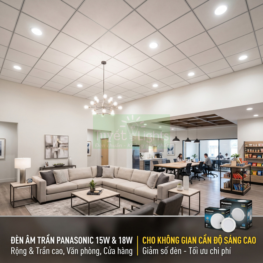 Đèn âm trần Panasonic 15W 18W chiếu sáng phòng khách và văn phòng hiện đại, tối ưu độ sáng và tiết kiệm chi phí