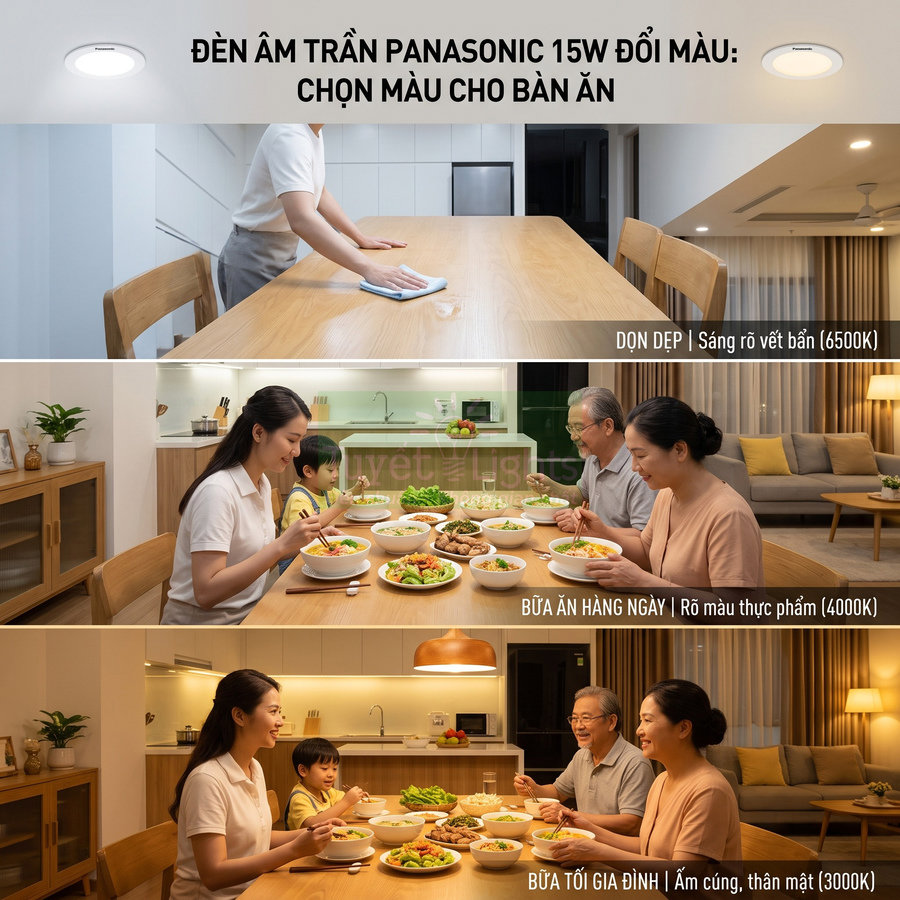 Đèn âm trần Panasonic 15W đổi màu chiếu sáng bàn ăn gia đình với ba chế độ ánh sáng khác nhau
