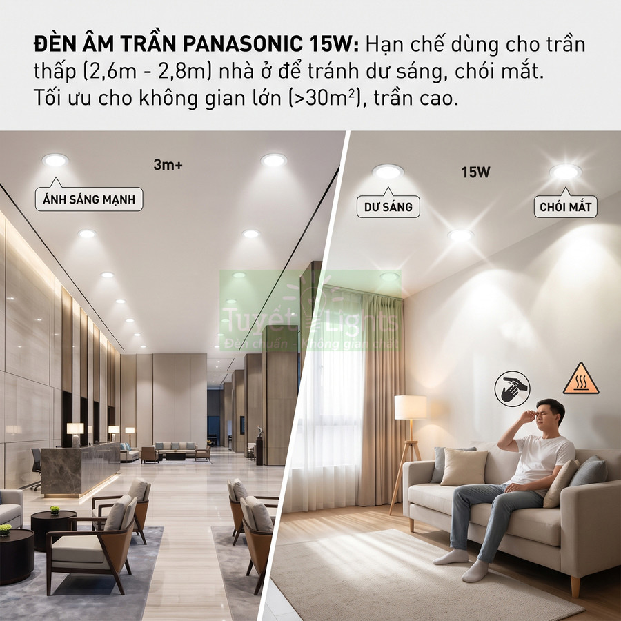 Đèn âm trần Panasonic 15W chiếu sáng mạnh cho trần cao, gây dư sáng chói mắt khi lắp ở phòng khách trần thấp