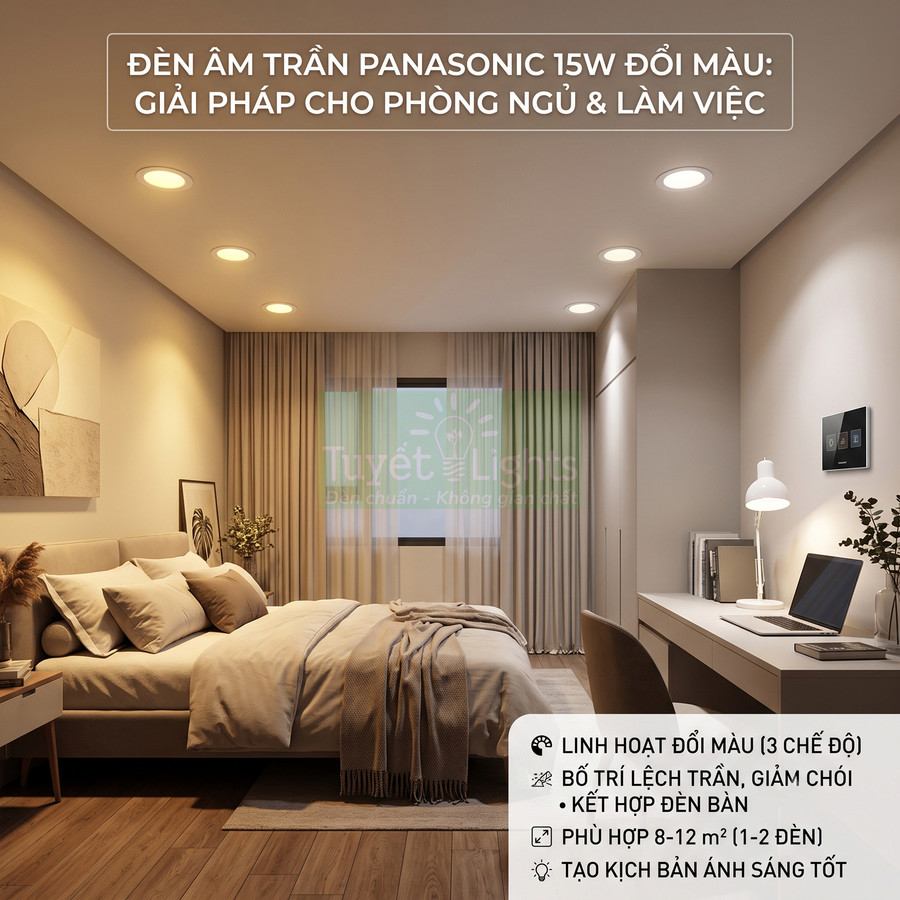 Đèn âm trần Panasonic 15W đổi màu lắp trong phòng ngủ kết hợp bàn làm việc hiện đại