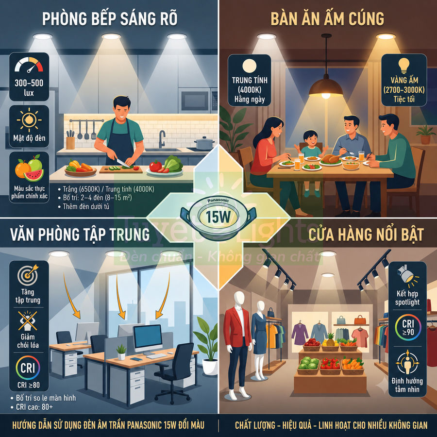 Đèn âm trần Panasonic 15W đổi màu chiếu sáng cho bếp, bàn ăn, văn phòng và cửa hàng thời trang