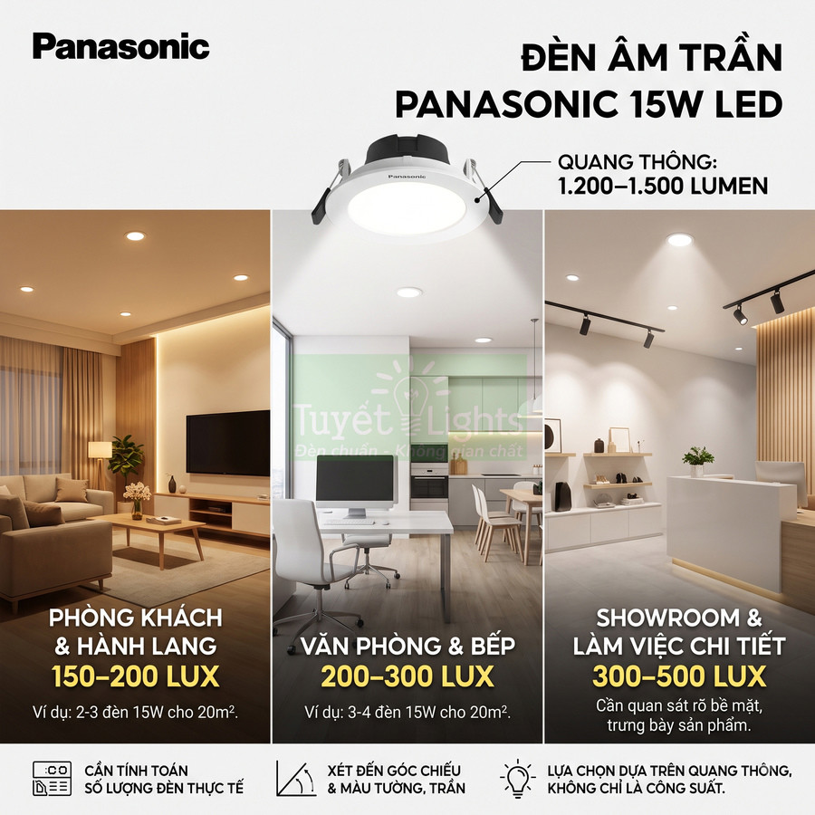 Đèn âm trần Panasonic LED 15W chiếu sáng phòng khách văn phòng bếp và showroom với nhiều mức độ lux
