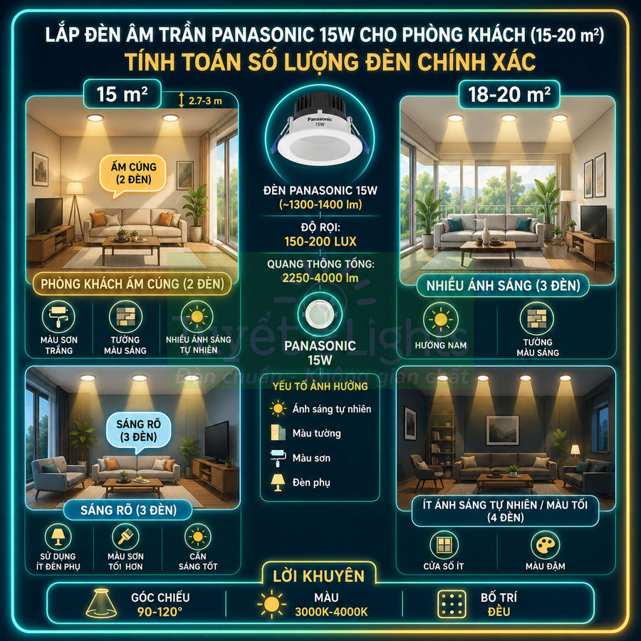 Đèn âm trần Panasonic 15W cho phòng khách 15 đến 20m2 với các gợi ý số lượng đèn và cách bố trí ánh sáng