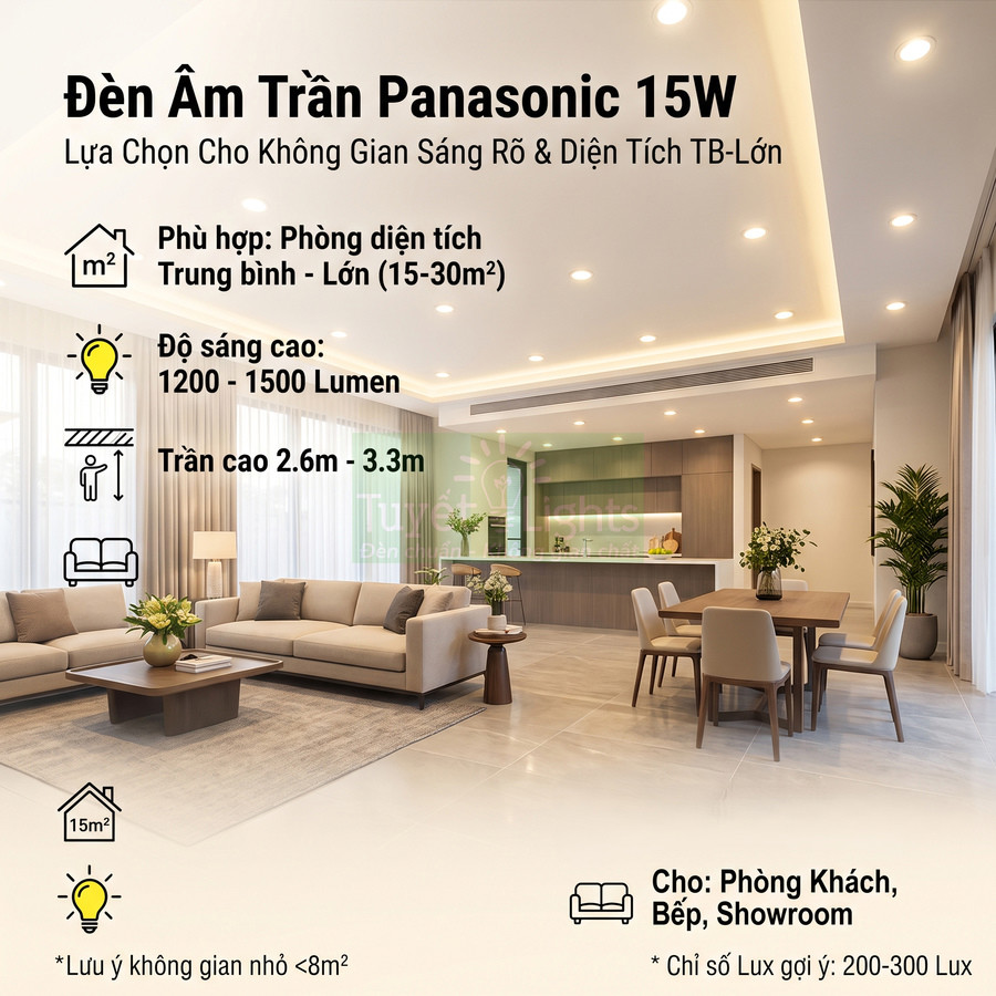 Đèn âm trần Panasonic 15W chiếu sáng phòng khách và bếp hiện đại diện tích trung bình đến lớn