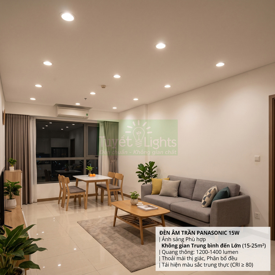 Đèn âm trần Panasonic 15W chiếu sáng phòng khách chung cư hiện đại với sofa và bàn ăn gỗ