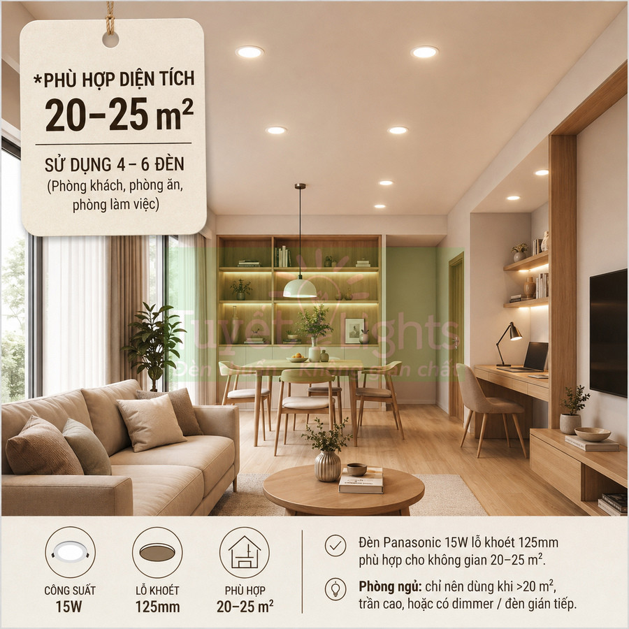 Đèn âm trần Panasonic 15W chiếu sáng phòng khách liền bếp hiện đại diện tích 20 đến 25 mét vuông