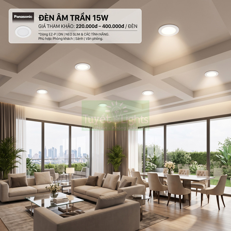 Đèn âm trần Panasonic 15W chiếu sáng phòng khách và phòng ăn hiện đại nhiều cửa kính