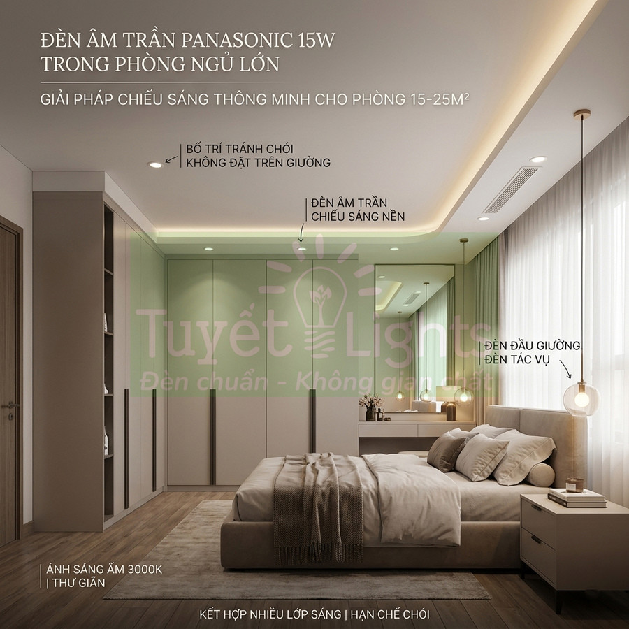 Đèn âm trần Panasonic 15W chiếu sáng phòng ngủ lớn hiện đại với ánh sáng ấm 3000K