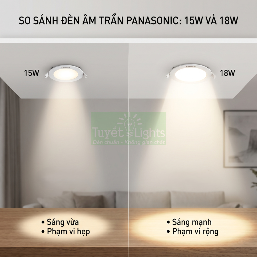 So sánh độ sáng đèn âm trần Panasonic 15W và 18W chiếu xuống bàn gỗ trong phòng khách