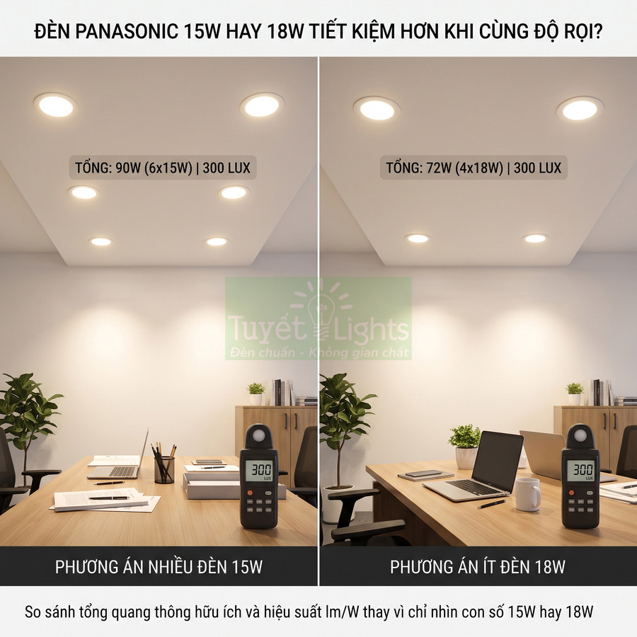 So sánh đèn âm trần Panasonic 15W và 18W trong phòng làm việc với máy đo độ rọi lux