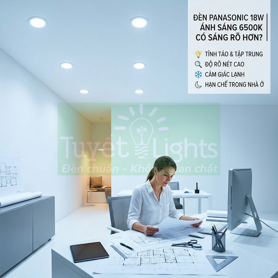 Đèn LED âm trần Panasonic 18W ánh sáng 6500K chiếu sáng rõ trong phòng làm việc hiện đại