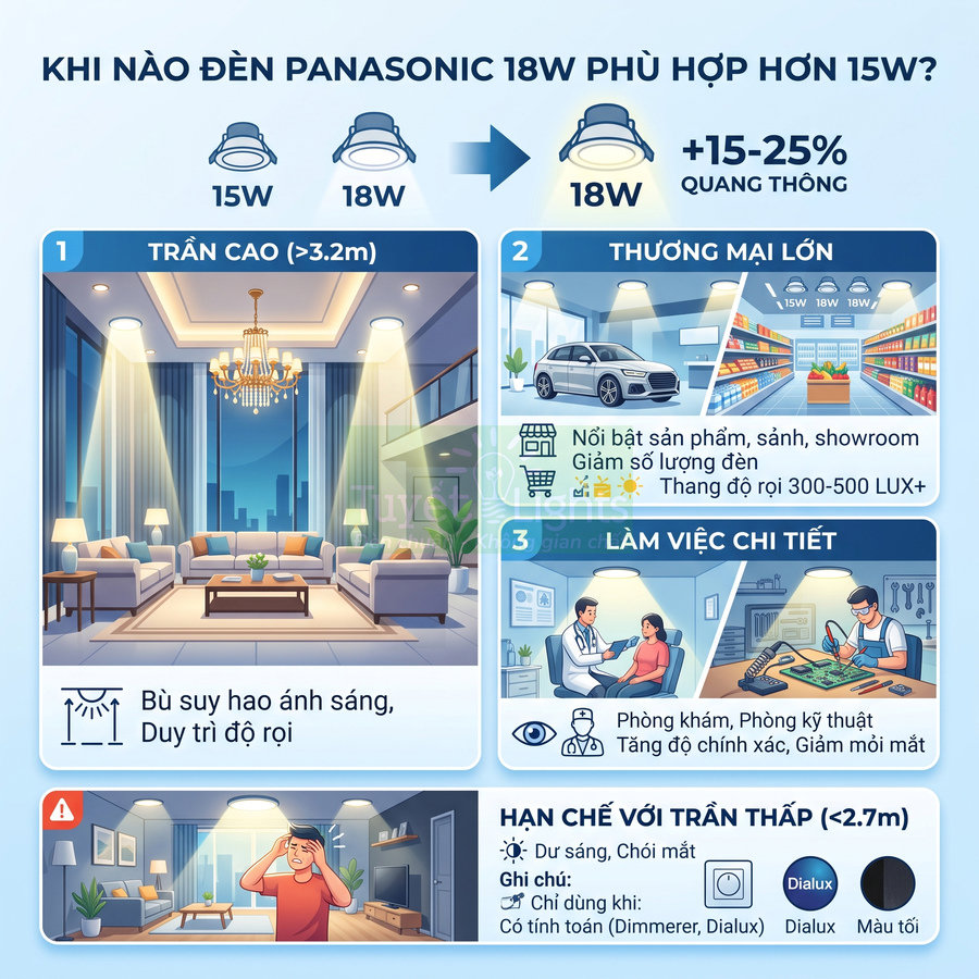 Infographic so sánh đèn LED âm trần Panasonic 18W và 15W, gợi ý ứng dụng cho trần cao, thương mại và phòng làm việc