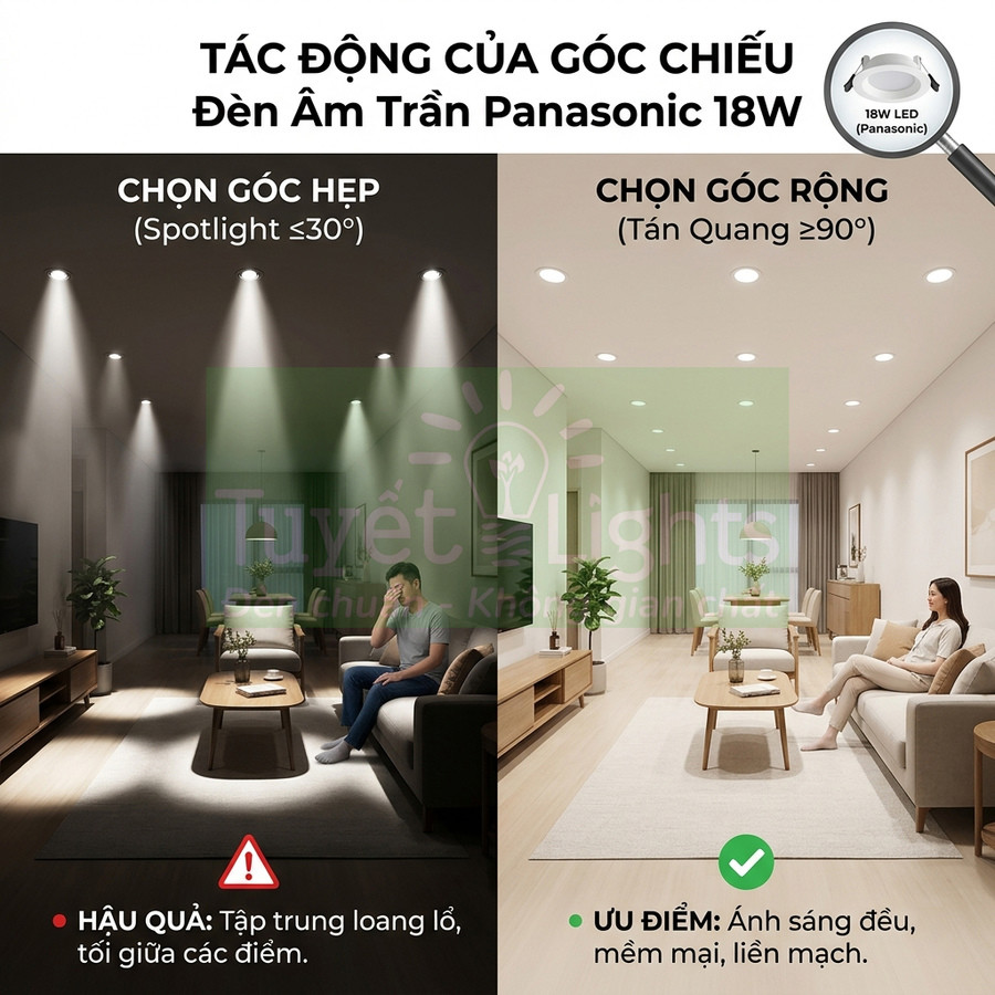 So sánh góc chiếu hẹp và rộng của đèn âm trần Panasonic 18W trong phòng khách hiện đại