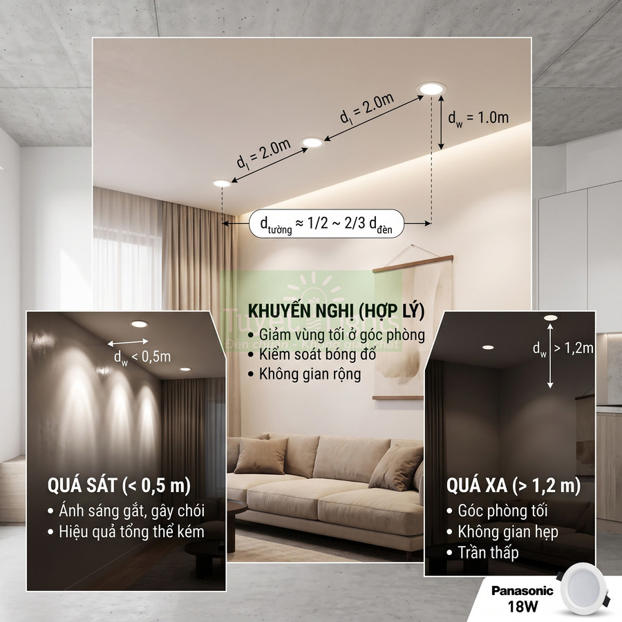 Đèn downlight âm trần Panasonic 18W bố trí khoảng cách hợp lý trong phòng khách hiện đại