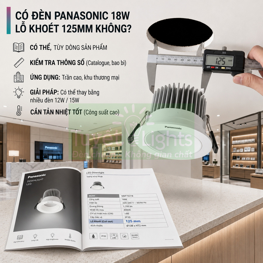 Đèn downlight LED Panasonic 18W lỗ khoét 125mm kèm catalogue thông số kỹ thuật trong showroom