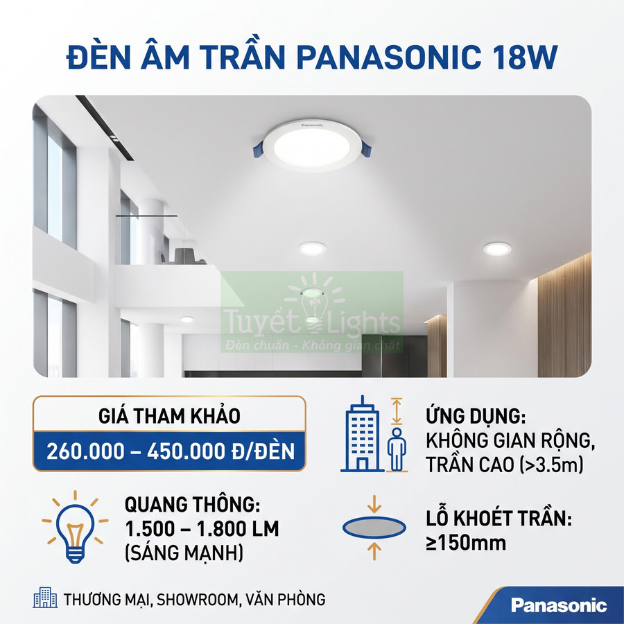 Đèn âm trần Panasonic 18W ánh sáng mạnh lắp cho không gian rộng trần cao văn phòng showroom