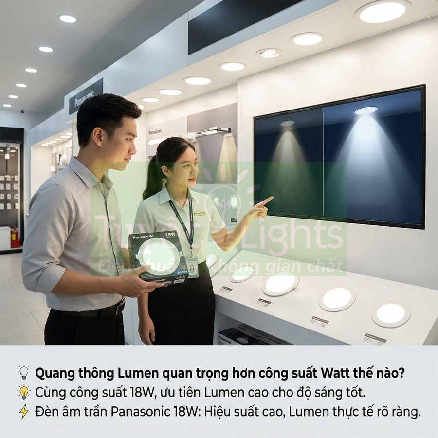 Nhân viên tư vấn đèn âm trần Panasonic 18W cho khách tại showroom đèn chiếu sáng