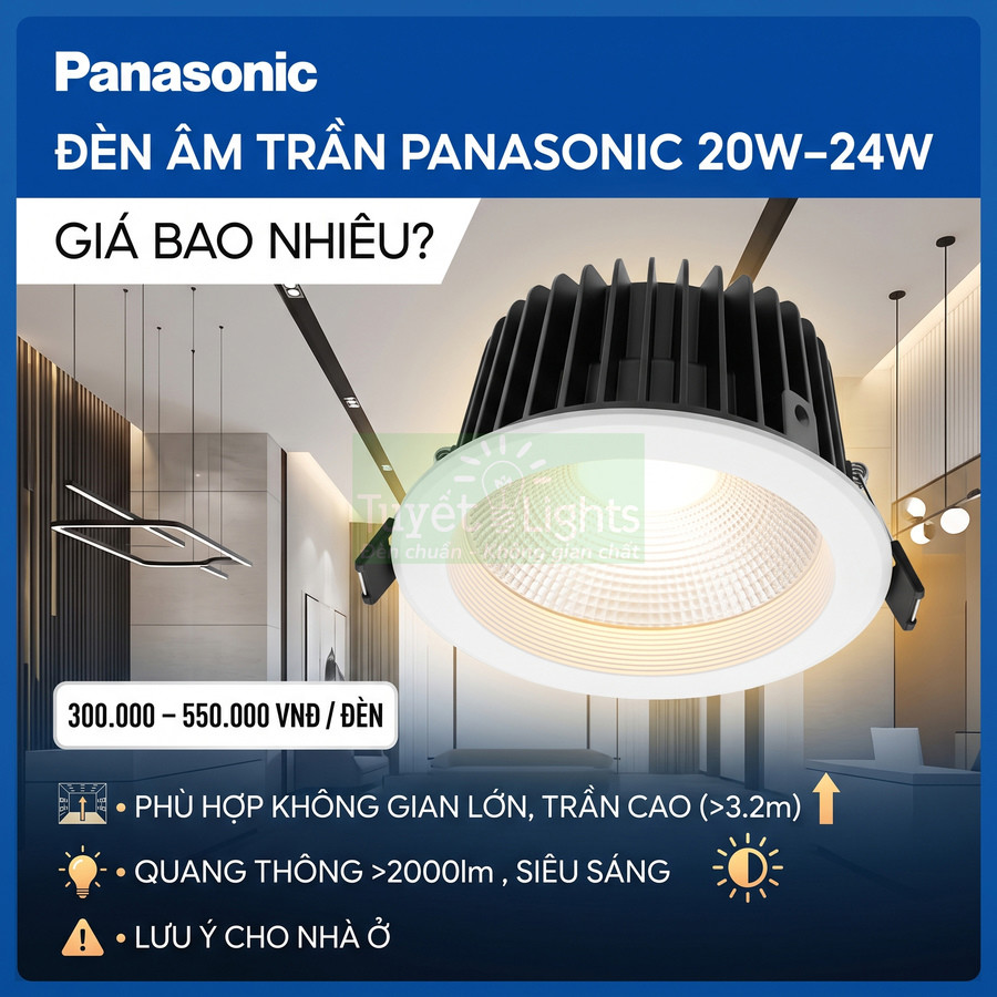Đèn âm trần Panasonic 20W 24W siêu sáng cho trần cao không gian lớn, giá 300000 đến 550000 mỗi đèn