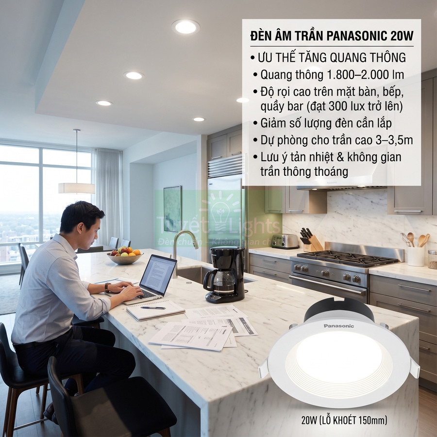 Đèn âm trần Panasonic 20W chiếu sáng phòng bếp hiện đại với quầy bar đá và người đàn ông làm việc trên laptop