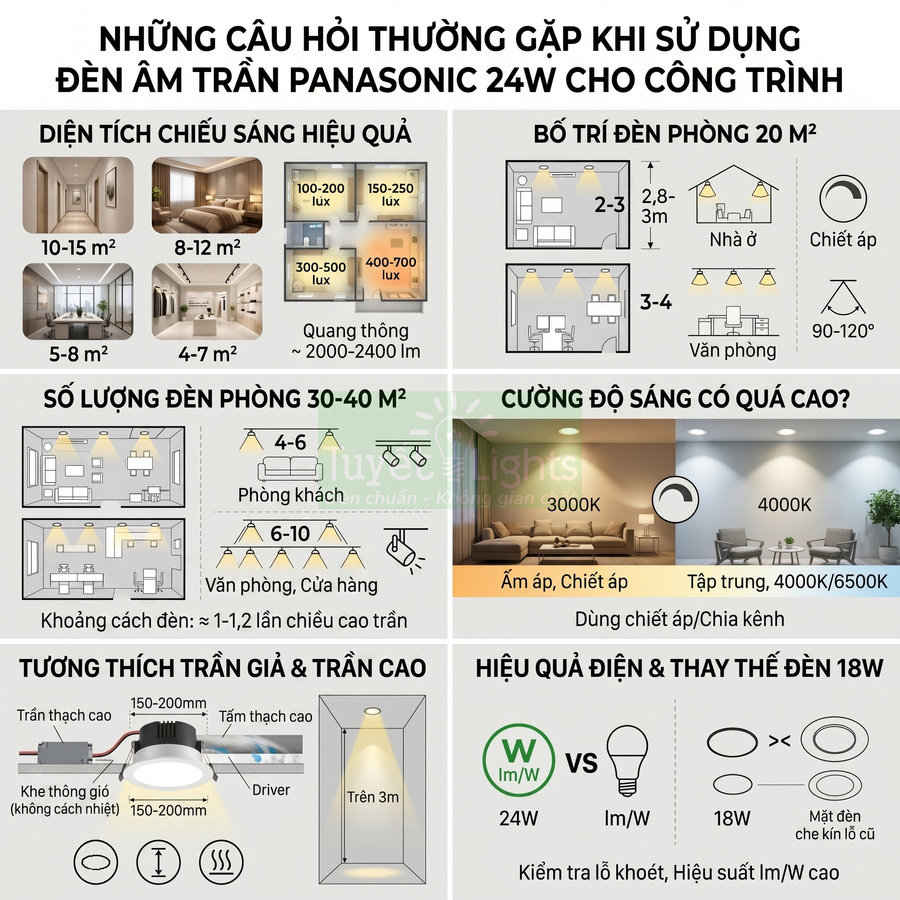 Infographic hướng dẫn sử dụng đèn âm trần Panasonic 24W cho phòng khách, văn phòng và trần thạch cao