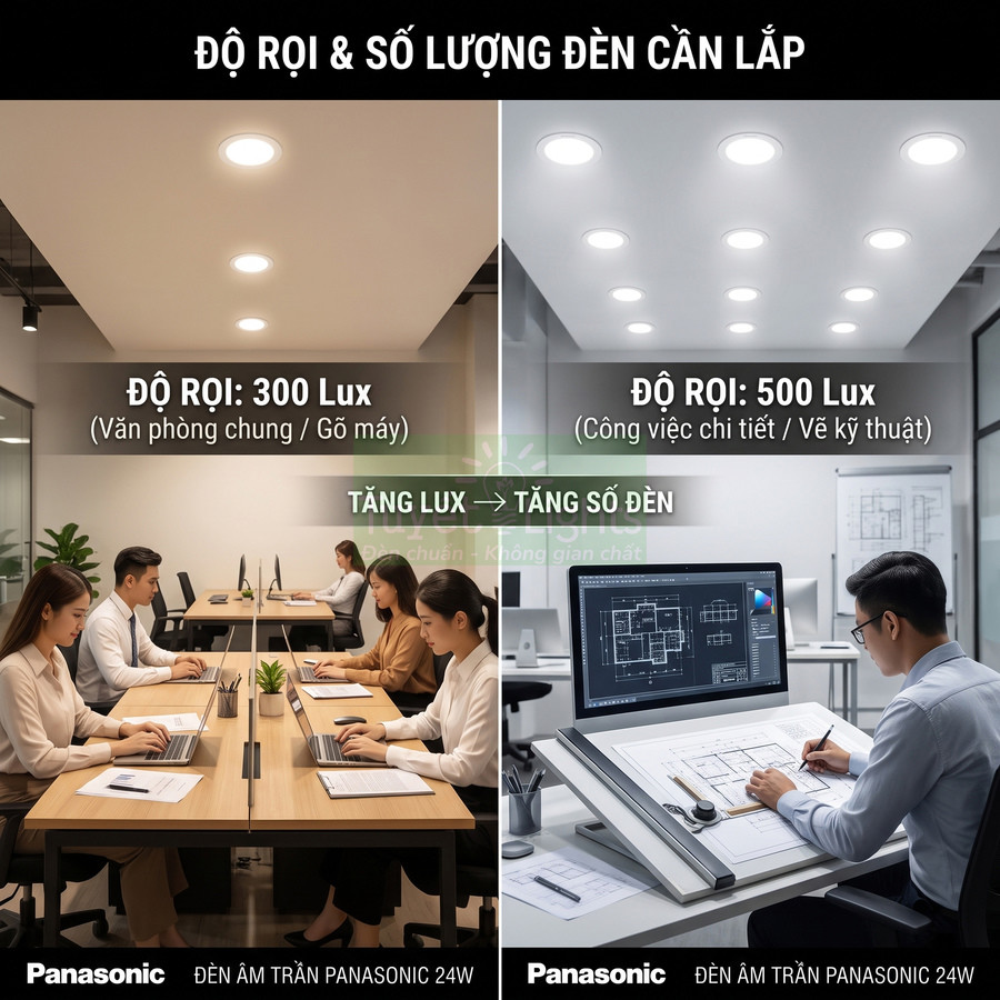 Đèn âm trần Panasonic 24W chiếu sáng văn phòng với hai mức độ rọi 300 lux và 500 lux