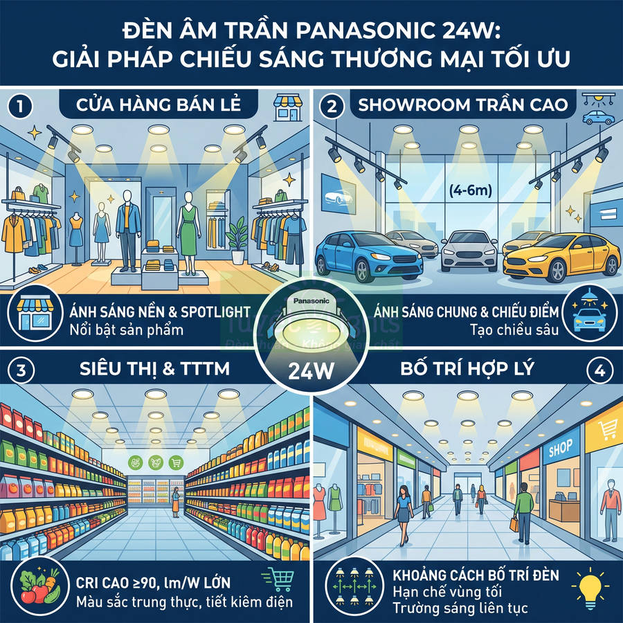 Đèn âm trần Panasonic 24W chiếu sáng cửa hàng, showroom, siêu thị và trung tâm thương mại